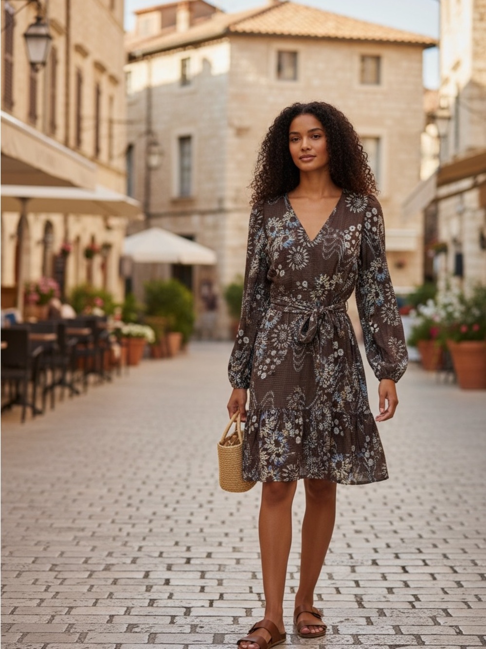 611. Marie Oliver Floral V-Neck Brown Long-Sleeve Pull On Dress